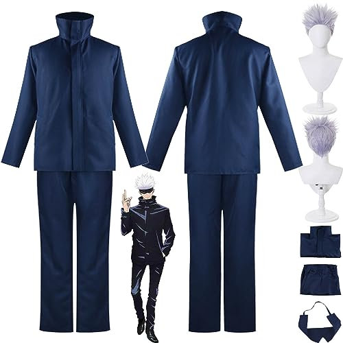 Tjmiaohao Anime Jujutsu Kaisen Gojo Satoru Cosplay Kostüm Outfit Blaue Uniform Komplettset Halloween Karneval Party Dress Up Anzug mit Augenmaske Perücke für Männer Jungen (L)