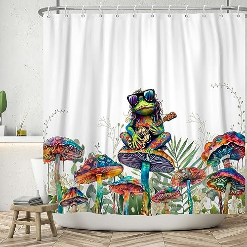 ASDCXZ Divertente Tenda da Doccia 180 x 180 cm, Punk Rana Suonare Chitarra Colorata Fungo Fiori Foglie, Bagno Lavabile in Poliestere Impermeabile per Vasca da Bagno