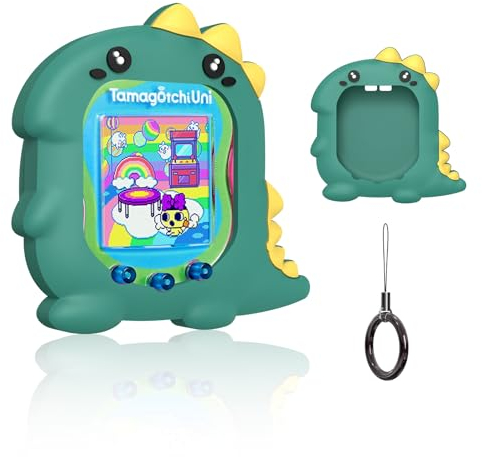 Silikon Hülle für Tamagotchi Uni(2023), MOWYEOK Stoßfeste Schutzhülle mit Cartoon Muster für Tamagotchi Uni Spielkonsole Zubehör, mit rundem Schnallen Lanyard (Dinosaurier)