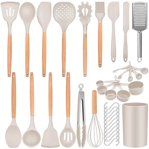 Homikit 36Pcs Silicone Kitchen Utensil Set, Wooden Handle Cooking Utensils Spatula Set with Holder, Heat Resistant Kitchen Tools Safe for Non Stick Cookware, Non-Toxic & Easy Clean, Khaki