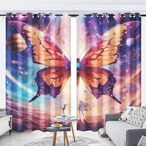 WEQEER 3D Schmetterling Verdunkelungsvorhänge Anime Schmetterlings mädchen vorhänge Mit Ösen Bunt Schmetterling Vorhänge Für Kinderzimmer, 2 Paneele (2,150x166cm(2x75x166cm))