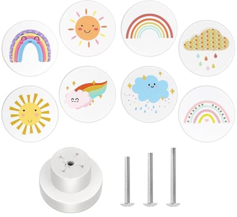 ShipeeKin Lot de 8 Boutons en Bois Arc-en-ciel bohème pour Armoire et Tiroir, Boutons de Tiroir Mignons Poignées Rondes de 35 mm avec Design Météo pour Chambre d’Enfant
