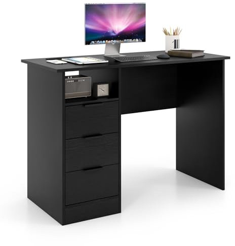 COSTWAY Computer Desk, Wooden Study Table Writing Workstation with Power Outlet, USB Ports, 3 Storage Drawers and Open Compartment, Modern PC Laptop Table Working Desk for Home Office Bedroom (Black)