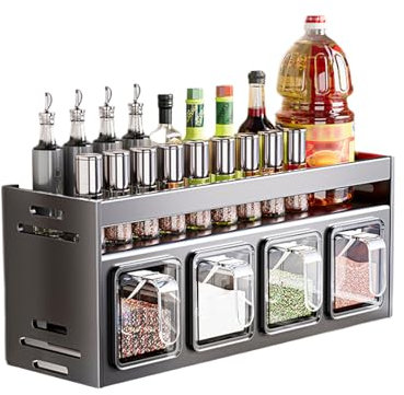 Inscrip Gewürzregal mit Gewürzdosen, Gewürzregal Stehend & Wand, Gewürzgläser mit Regal, Hängend Gewürzständer/Gewürzhalter, Gewürz-Organizer für Küchen Arbeitsplatte Schrank (mit 4 Gewürzbox)