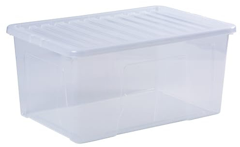 Wham Crystal 90 Liter Storage, Home Office Stackable Nestable, Heavy Duty Plastic Large Storage Box With Lids 70 x 47 x 33 cm solution organizer- Tint Clear (Pack of 3)