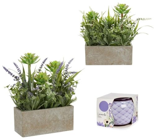Plantas Artificiales Decorativas con Maceta Lavanda y Suculentas Pack 2 Unidades + Vela de cristal aromática Lavanda Decora y Perfuma tu Hogar Escritorio Salón Cocina Dormitorio (Lila y Blanco)