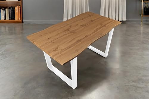 SAM Esstisch Josy | 140 x 80 cm | Holz Wildeiche-Optik| U-Gestell Metall Weiß | 40 mm Tischplatte mit Baumkante | Tisch für Esszimmer & Küche