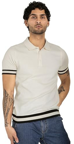 Enorsia Mens Premium Regular-Fit Polo Shirt with Stripe Rib Trim - Button-Placket Collar, Short Sleeves, Elegant Design for Smart-Casual or Relaxed Style (White, M)