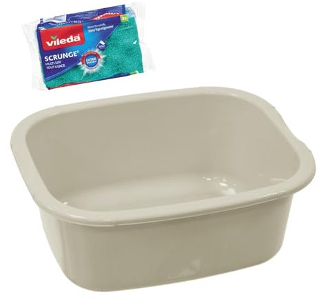 simpa 11L Multi-Purpose Taupe Plastic Rectangular Household Cleaning Bowl with 3PC Sponge Pack for Washing Up, Window Cleaning, Car Valeting and Multi Room Spot Cleaning Tasks.