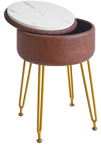 IBUYKE Faux Leather Round Footrest Stool with Storage Ottoman, Makeup Vanity Chair Side Table, PU Dressing Table Seat, Removable Cover, Golden Steel Legs, Dark Brown WBD024Z