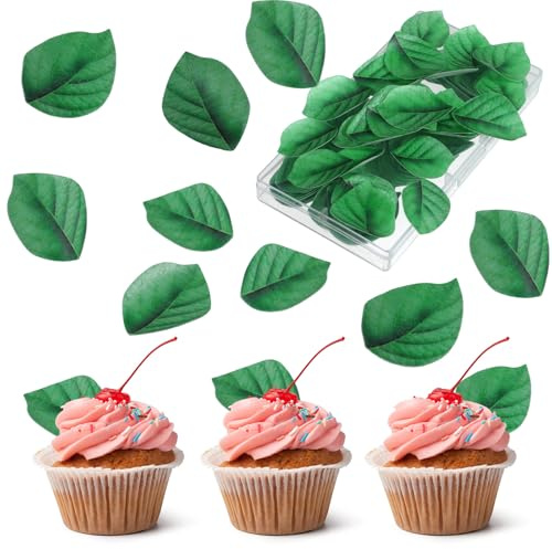 BOHUIZ 100 Stück Essbare Cupcake Topper Essbar Tortendeko, Sommer (Grün) | Essbare Grüne Blätter für Torte Tortendeko, Hochzeit, Babyparty, für Hawaii, Geburtstag