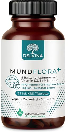 DELVINA Probiotici Orali PRO - 90 Compresse - Contro l'alitosi, alito fresco - 5 Ceppi, Vitamina D3, Zinco, Inulina - 270 Miliardi CFU - Menta - Vegano, Senza zucchero, Senza glutine