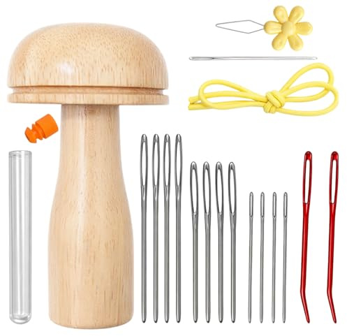 ikBrtaiay Stopfpilz Holz, Flicken-Pilz mit 14 Nähnadeln, Stopfpilz-Set aus Holz, Stopfnadel, Stopfei, Webernadel, Holzstopfpilz mit Spannring, Holzstopfpilz Set mit Ergonomischem Stopfei und Robuster