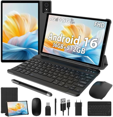 LEVIRTU 10.4 Pollici Tablet Android 16, 5G WiFi/4G LTE, 36GB RAM 512GB ROM (2TB TF), Octa-Core 2.0GHz, INCELL FHD, 8000mAh, GPS, Kit Tastiera+Mouse+Custodia, Nero