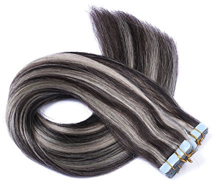 Tape In - On Hair Extensions - # 1B/GREY GESTRÄHNT - 70cm - 10 Tressen je 4cm Breit / 2,5g - 100% Remy Echthaar Haarverlängerung/Extention mit Klebeband Tressen by NOVON Hair Extentions