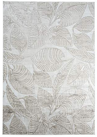 TAPISO Jafar Teppich Wohnzimmer Dünn Kurzflor Modern Floral Blätter Tropical Meliert Hellgrau Beige Designer Flachflor Esszimmer Viscose 185 x 275 cm