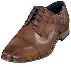 bugatti Business Halbschuh aus echtem Glattleder, Derby mit Querkappe und geprägtem Schaft, Cognac, 47 EU