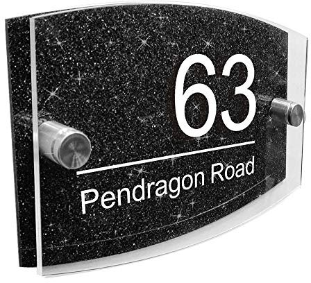 Modern House Sign Plaque Door Number | Personalised Glass Effect Acrylic Glitter Sign | Personalised House Number Hand Finished in UK (Black Glitter, Design F)