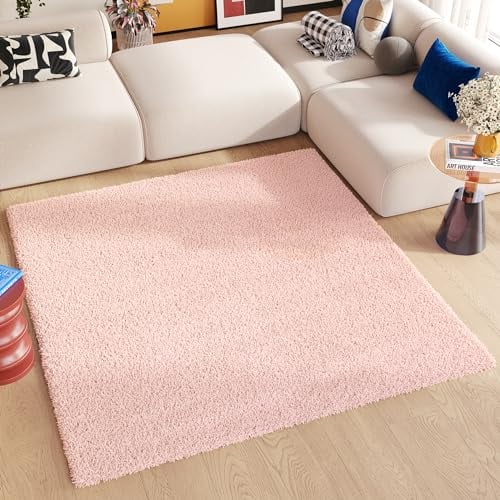 Essence Teppich Quadratisch Shaggy Hochflor Langflor Rosa Einfarbig Weich Modern Design Wohnzimmer Schlafzimmer ÖKOTEX 160 x 160 cm