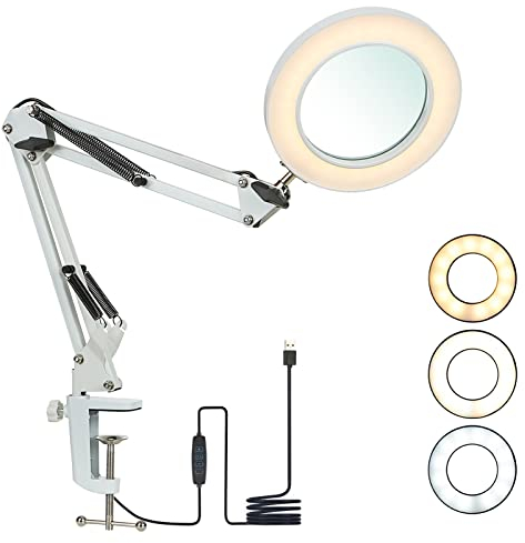 Tomshine LED Lupenleuchte mit Klemme, 8X Vergrößerungslampe Verstellbare Schwenkarmlampe Schreibtischlampe 3 Farbmodi Dimmbar für Tischhandwerk Werkbank Zum Lesen (weiß)