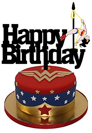 HAKPUOTR Wonder Women Silhouette Happy Birthday Cake Topper, Superhero/Sports Theme Party Decoration, Acrylic, Red, Blue, Yellow, 1 Piece, 6.5 W x 4.9 H, Birthday, Baby Shower