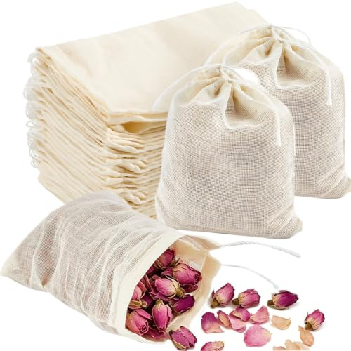 TUZAZO 50 Pack Reusable Tea Bags, Natural Unbleached Cotton Cheesecloth Bags for Straining, Drawstring Muslin Bags, Sachet Bags, Coffee Tea Brew Bags (3 x 4 inch)