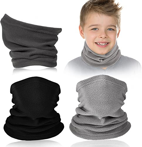 Janmercy 3 Pieces Kids Neck Warmer Winter Fleece Neck Gaiter Windproof Face Mask Cover Ski Tube Scarf for Boys Girls(Dark)