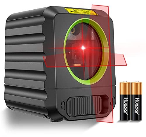 Huepar Self-Leveling Laser Level with Red Beam Cross Line Laser - Vertical and Horizontal Line, 100ft Alignment Tool for Picture Hanging and DIY Application, Battery Included
