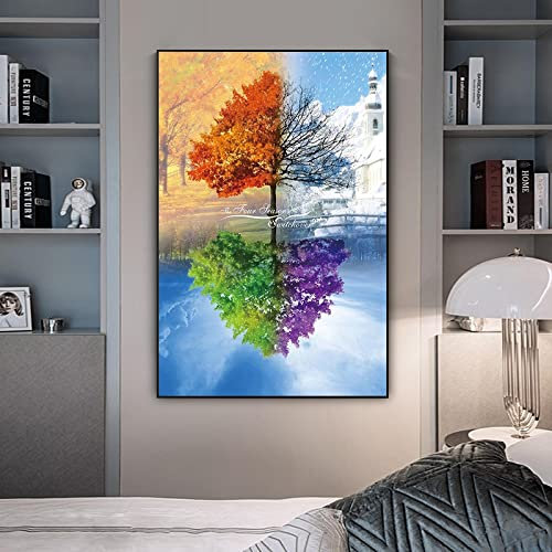 OCEANGOD Impression HD Quatre Saisons de Paysage d'Arbre Paysage Peintures sur Toile Affiches et Gravures Encadrées Mur Art Photo Salon Décor 60x80cm cadre intérieur