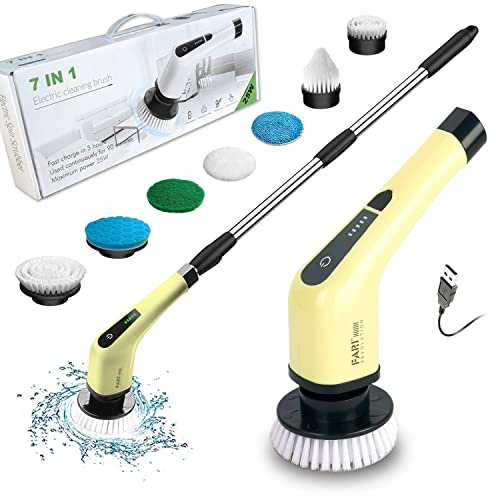 FARI Fregadora eléctrica giratoria, Cepillo de Limpieza inalámbrico con 7 Cabezales de Cepillo de Taladro reemplazables, fregona eléctrica 360 con Mango Ajustable para baño,Cocina,Coche(Amarillo)