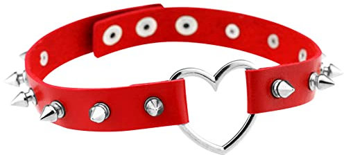 Flongo Tattoo Choker Leder Halsband Lederhalsband Damen Kragen Halskette Anhänger Kette mit Nieten Herz Gothic Punk Rock für Frauen Rot
