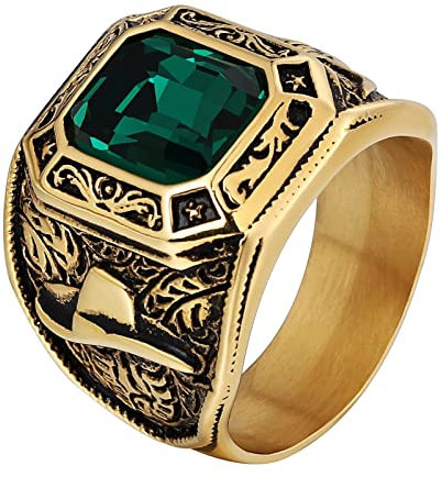 Homxi Gothic Ring Herren,Ring Quadratisch Stein mit Vintage Herren Ringe Edelstahl mit Gravur Grün Ringe Herren Größe 54 (17.2)