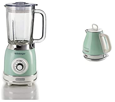 Ariete 583 Vintage, Retrò, 1000 Watt Standmixer mit Glasbehälter 1,5 Liter, grün & 2868 Vintage, elektrischer Design-Wasserkocher aus Edelstahl für Aufgussgetränke, 1 Liter, 1600 W, Grün