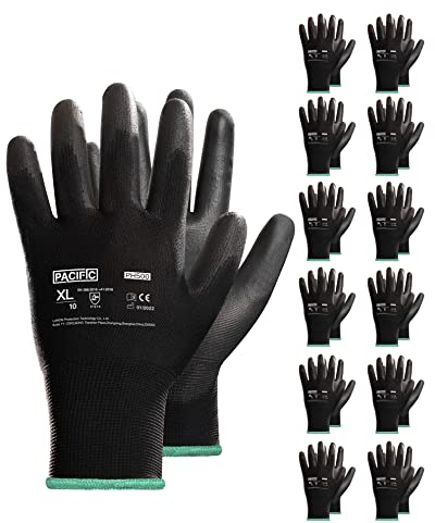 PACIFIC 12 Paar PU Beschichtete Sicherheitshandschuhe, Mehrzweck Arbeitshandschuhe für Herren, Nahtloses Strick, Power-Grip, Schwarz, XL/10