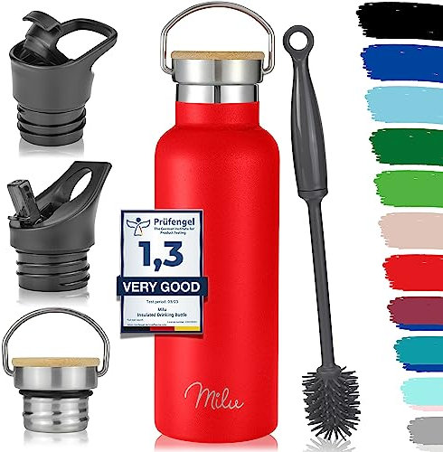 Milu Stainless Steel Drinking Bottle 350ml, 500ml, 750ml, 1l (+3 Lids) - Thermo Bottle with Straw, Water Bottle, for Hot, Cold & Carbonated Drinks (Red, 500ml)