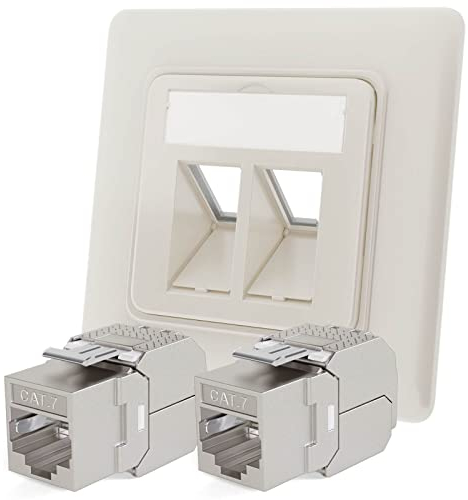 hb-digital 2-Port CAT 7 Network Socket Flush-Mounted RAL9010 + 2 x CAT 7 Keystone RJ45 Module LAN Ethernet Keystone Socket Socket Socket for CAT 5e CAT 6 CAT 6a Max. 10 Gbit/s STP - Pure White