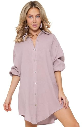 SASSYCLASSY Oversize Musselin Bluse Damen Langarm - Oversized Freizeit Look - Hemdbluse lang aus Baumwolle mit V Ausschnitt - Long-Bluse One Size (Gr. 36-48) Puderrosa