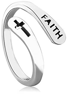 Gilieyer Kreuz Ringe, Christliche Offener Verstellbar Inspirierende Ringe Jesus Kreuz Ring Bibel Schmuck für Damen Herren (Faith Silber)