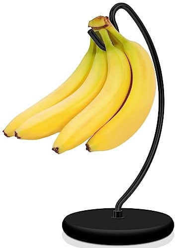 Niceyos Banana Holder Stand - Newest Patented Modern Banana Hanger with Wood Base Stainless Steel Banana Tree Hook Rack for Kitchen Countertop (Full Black)