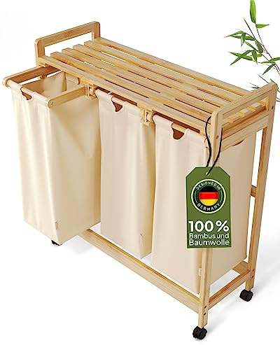 AMBIAVO® Wäschekorb 3 Fächer mit Rollen [beige, 100% Baumwolle, Bambus, 90 l Volumen] | Wäschesammler für Schmutzwäsche| Wäsche Sortiersystem | Wäschesortierer Holz | Wäschebox | laundry baskets