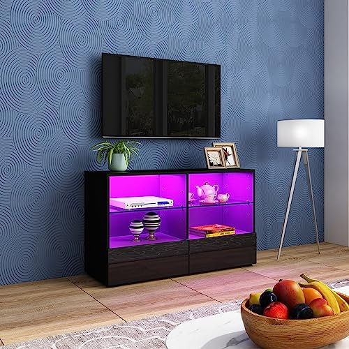 Modern TV Cabinet Led Light Black High Gloss Front TV Stand Unit 100CM with 2 Drawers 4 Open Shelves with Glass Shelves TV Units for Living Room Bedroom Home Furniture