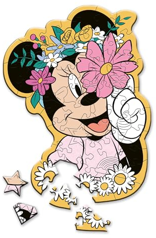 Trefl – Konturenpuzzle aus Holz: Disney, Minnie Mouse: In der Welt von Minnie – 50 Elemente, Wood Craft Junior, Unregelmäßige Formen, 10 Figuren, Modernes Puzzlespiel, Spiel für Kinder ab 5 Jahren