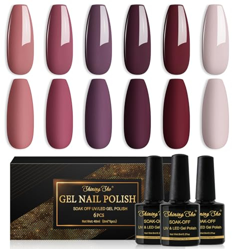 Shining She UV Nagellack,6 Farben Herbst Winter Dunkle Serie Dunkelrot Dunkelrosa Braun Gel Nagellack Soak-Off UV nagellack Winter Gel Nail Polish für Anfänger DIY Nail Art Set,8ml