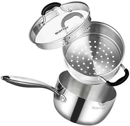 SLOTTET Edelstahl-Stielkasserolle mit Dampfgarer, dreilagiger, kleiner Mehrzwecktopf mit Ausgießer, Sieb, Glasdeckel, 3 l Saucenpfanne zum Kochen mit kühlbleibendem Griff