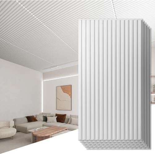 Art3d 6 Stück 3D-Wandpaneele PVC Deckenfliesen Lamellen-Design Innenwanddekoration 120x60 cm (2x4 FT) dekorative abgehängte Deckenplatten Weiß 4,4 ㎡