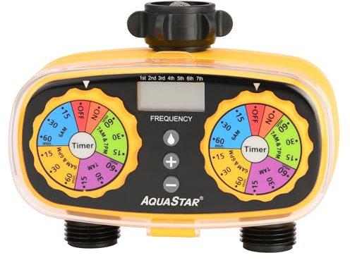 AQUASTAR Timer per irrigazione a due zone (rosso), per prati e giardini, timer digitale semplice, 10-100 psi, 1-13 cicli di irrigazione, 12 ore fino a 7 giorni (giallo)
