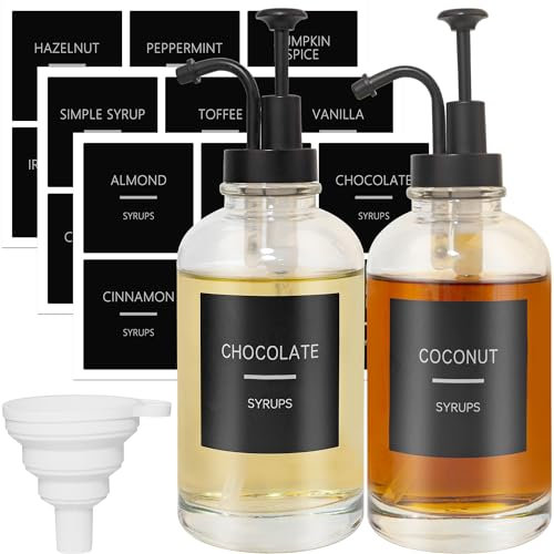 Coffee Syrup Dispensing Bottle Set with 2 Clear Glass Bottles, 2 Black Pump Heads, 18 Black Stickers, 1 Funnel, Coffee Accessories for Cafe or Home Bar