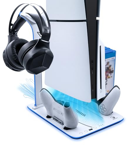Mcbazel Charging Cooling Fan Stand for PS5 Slim, RGB Charging Stand with Adjustable Cooling Fan & Headset Holder & 5 Game Slots for PS5 Slim Disc/Digital Edition Console