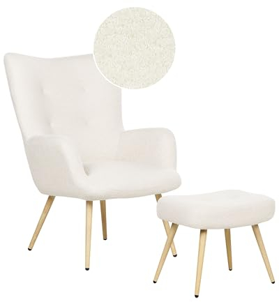 Beliani Ohrensessel mit Hocker Stoffbezug Bouclé weiß gesteppt Metallbeine Retro Vejle II