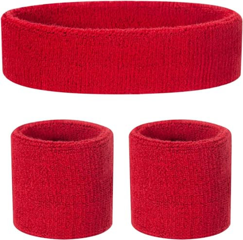 QHFlashbuy 3 Pezzi Fascia Sportive Set,Elastico Sport Fascia per Capelli e Polsino di Sport,Fasce Di Sudore Cotone Bande di Sudore per Accessori Sportivi da Corsa Fitness(Rosso）